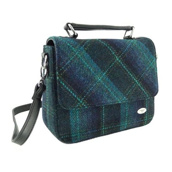Harris Tweed 'Thurso' Square Bag In Blue With Turquoise Overcheck :D - Picture 1 of 2